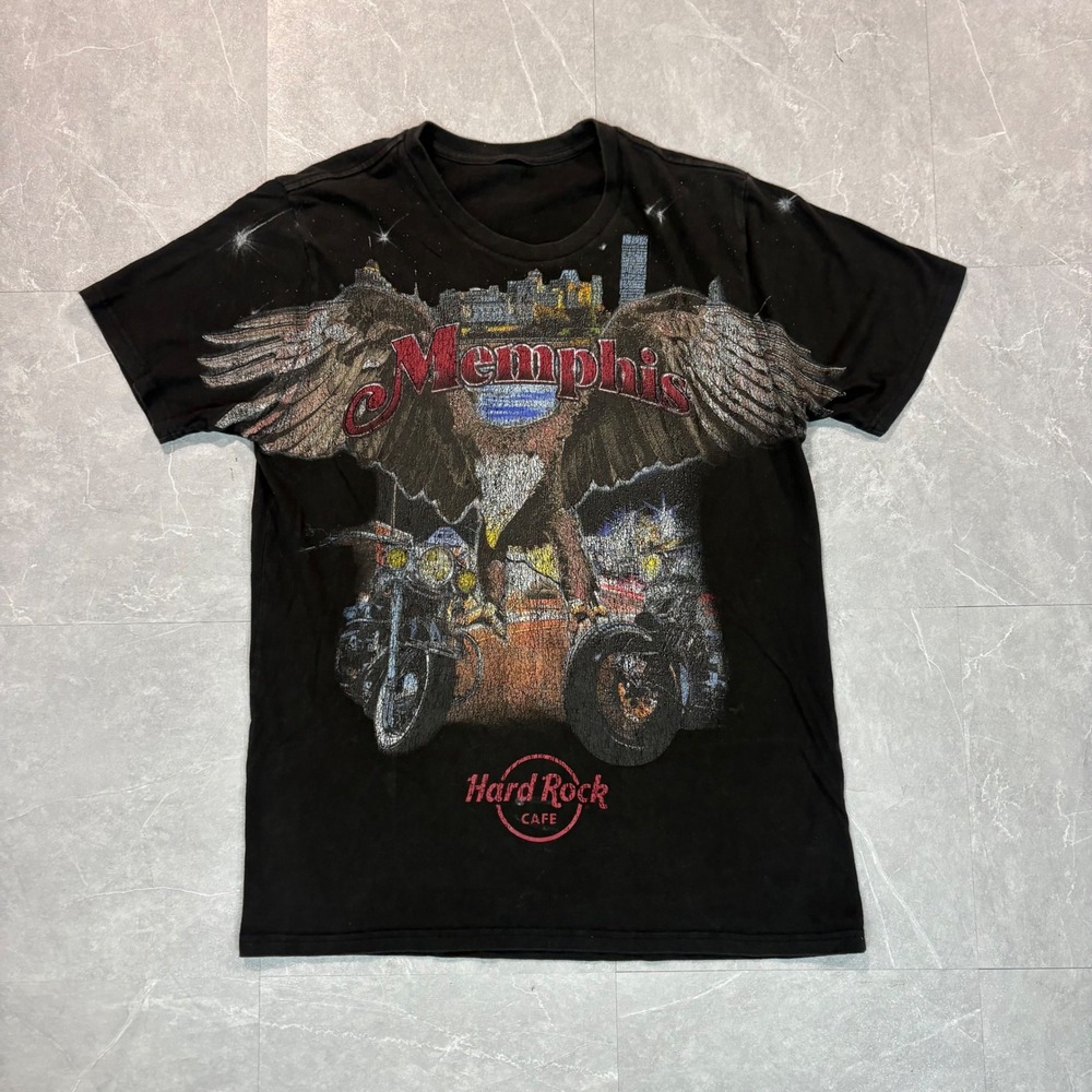 Hard Rock Cafe Memphis Mens Graphic T-Shirt Black Eagle Biker Motorcycle Vintage
